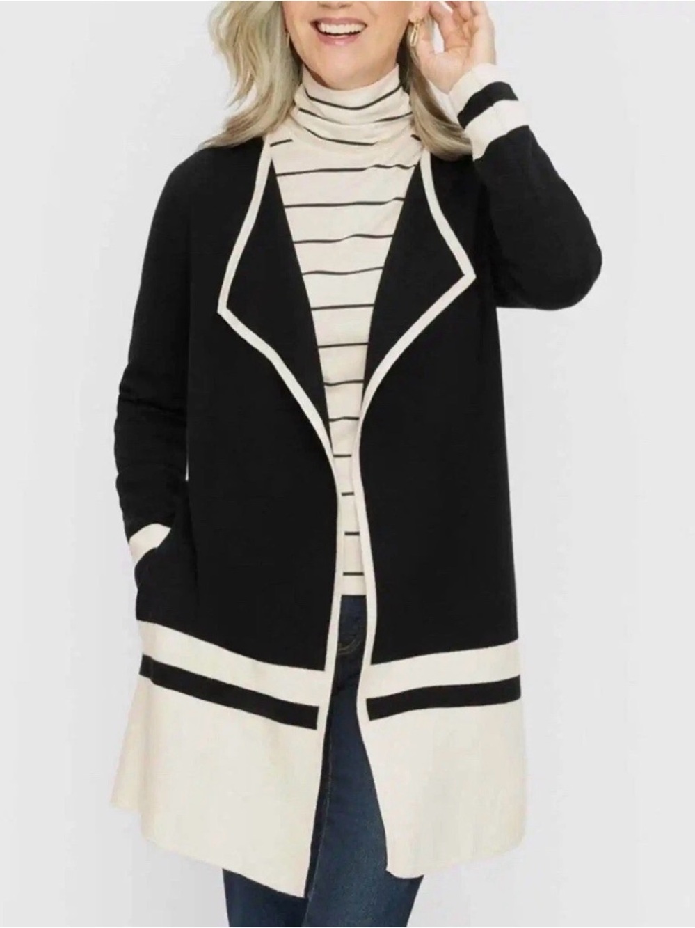 Talbots Merino Wool Open Front Cardigan Sweater Black Ivory Stripe Small